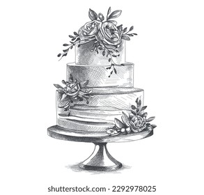 Large tiered elegant wedding cake on stand with flowers. Sketch illustration. Line art.