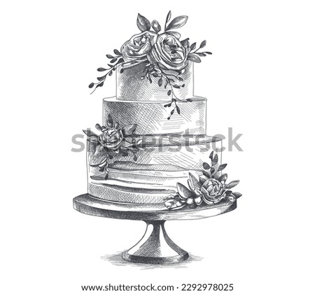 Large tiered elegant wedding cake on stand with flowers. Sketch illustration. Line art.