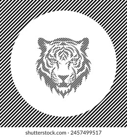 A large tiger head symbol in the center as a hatch of black lines on a white circle. Interlaced effect. Seamless pattern with striped black and white diagonal slanted lines