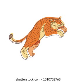 Large tiger in jumping action. Wild animal. Wildlife theme. Lline art with colorful fill. Hand drawn vector design
