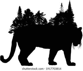 large tiger silhouette with forest isolated on white background