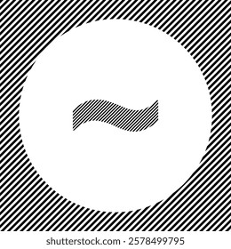 A large tilde symbol in the center as a hatch of black lines on a white circle. Interlaced effect. Seamless pattern with striped black and white diagonal slanted lines