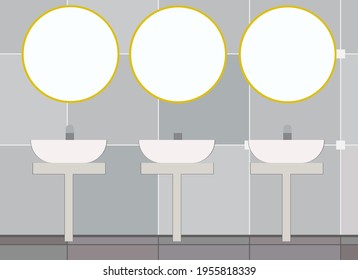 Large tiled bathroom with mirror and washbasin. Vector drawing