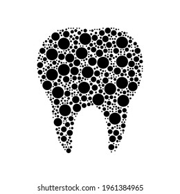 A large tooth symbol in the center made in pointillism style. The center symbol is filled with black circles of various sizes. Vector illustration on white background