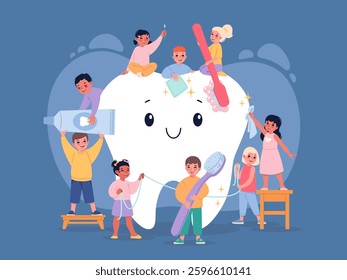 Large tooth with tiny kids. Little children clean big smiling tooth, oral hygiene care, caries prevention, dentist, boy hold toothbrush cartoon flat isolated illustration, classy vector concept