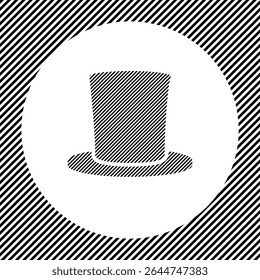 A large top hat symbol in the center as a hatch of black lines on a white circle. Interlaced effect. Seamless pattern with striped black and white diagonal slanted lines
