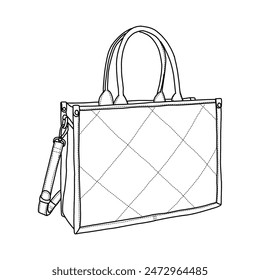 Large Tote Bags for Women Woven Purses and Handbags with Zipper Line art, Suitable for your custom women handbags design, outline vector doodle illustration side view, isolated on white background