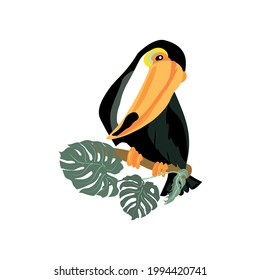 A large toucan with a huge yellow beak sits on a branch among monstera leaves. Composition for printing on fabric, design for tableware, postcard, poster