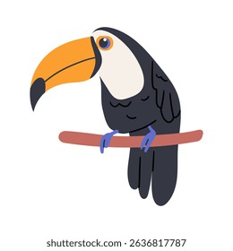 Um grande tucano senta-se em um galho. Ilustração vetorial brilhante de ave tropical tucana isolada sobre fundo branco. Ilustração desenhada à mão do vetor de estoque para logotipo, banner, desenho infantil .