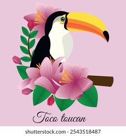 Un Grande tucán toko se sienta en una rama. Flor brillante y deja la Ilustración vectorial del pájaro tropical del tucán aislado en el fondo blanco. Vector de stock. todas las capas son individuales para cualquier personalización, Eps 10