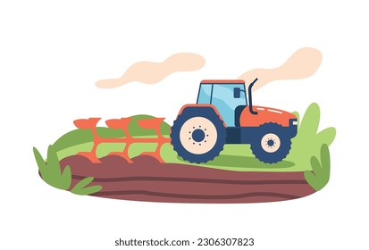 Large Tractor Efficiently Plows Vast Fields, Preparing Soil For Planting Crops. Machine Maneuvers Through Rugged Terrain
