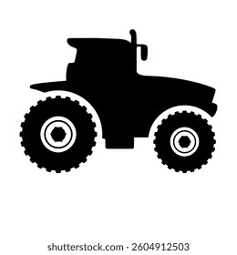 A large tractor icon in the center. Isolated black symbol. Vector illustration on white background