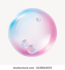 A large, translucent bubble with smaller bubbles inside, featuring a gradient of pink and blue hues, floating against a plain white background. Bubble graphic vector.
