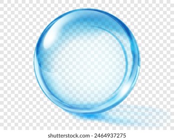 Large translucent colored sphere in light blue colors with glares and shadow on transparent background. Vector illustration for design projects and creative works