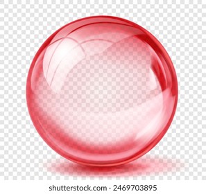 Large translucent shiny sphere of red color with glare and shadow on transparent background. Vector illustration for design projects and creative works