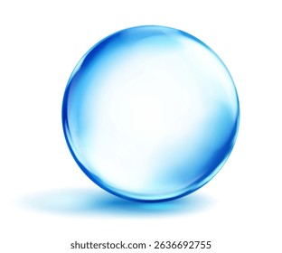 Large translucent smooth blue sphere with highlights and soft shadow underneath, on white background. Vector illustration for design projects and creative works.