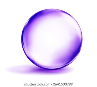 Large translucent smooth purple sphere with highlights and soft shadow underneath, on white background. Vector illustration for design projects and creative works.