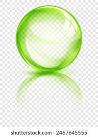 Large translucent sphere in green colors with reflection, glares and shadow on transparent background. Vector illustration for design projects and creative works
