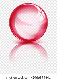 Large translucent sphere in red colors with reflection, glares and shadow on transparent background. Vector illustration for design projects and creative works