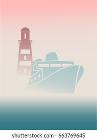 Large transoceanic cruise ship and lighthouse silhouettes. Travel company business card design