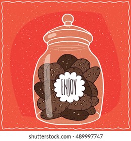 Large transparent glass jar with pile of round chocolate cookies inside. Red background. Handmade cartoon style. Vector illustration