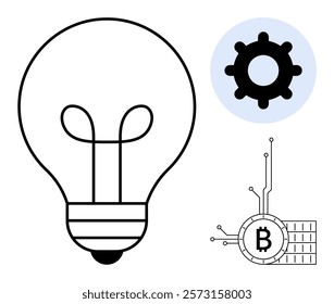 Large transparent lightbulb with a gear icon and Bitcoin coin symbol with digital circuitry. Ideal for technology innovation, blockchain concepts, digital finance, cryptocurrency trends