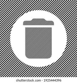 A large trash symbol in the center as a hatch of black lines on a white circle. Interlaced effect. Seamless pattern with striped black and white diagonal slanted lines