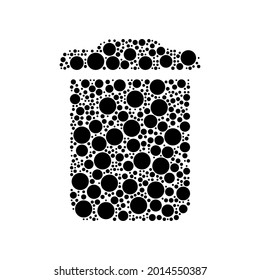 A large trash symbol in the center made in pointillism style. The center symbol is filled with black circles of various sizes. Vector illustration on white background