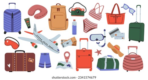 Juego de accesorios para viajes grandes. Accesorios de vacaciones para vacaciones en el mar. Juego de artículos de viaje, maletas, bolsas, equipajes, bikini, mapa, avión, cámara. Ilustración vectorial plana aislada en fondo blanco.