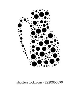 A large travel backpack symbol in the center made in pointillism style. The center symbol is filled with black circles of various sizes. Vector illustration on white background