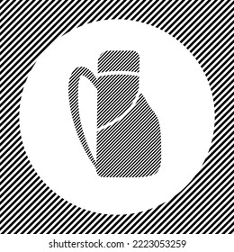 A large travel backpack symbol in the center as a hatch of black lines on a white circle. Interlaced effect. Seamless pattern with striped black and white diagonal slanted lines