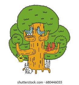Large tree and Forest animals. Oak and squirrel. Hares and birds. Nest on tree. Hive Hand drawing
