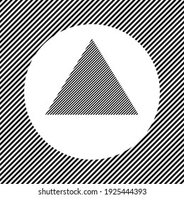 A large triangle symbol in the center as a hatch of black lines on a white circle. Interlaced effect. Seamless pattern with striped black and white diagonal slanted lines