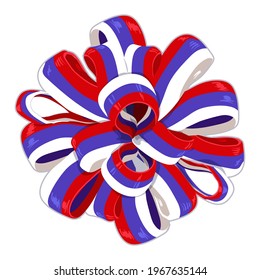 Large tricolor bow. Ribbon in the colors of the Russian flag: white, blue, red. Design element for elections, May 9, February 23, Victory Day. Vector illustration.
