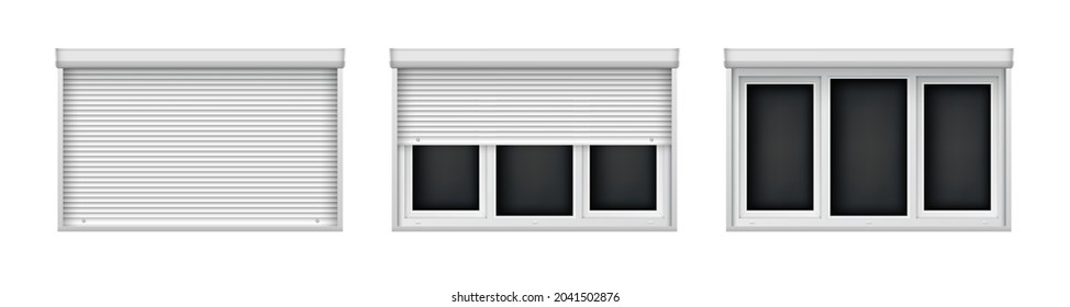 Large triple plastic windows with blinds. Realistic window mockup for interior decoration design. Closed and open jalousie for plastic windows.