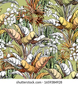 Large tropical leaves and variegated snake plants. Seamless pattern on green background. Hand drawn vector illustration.