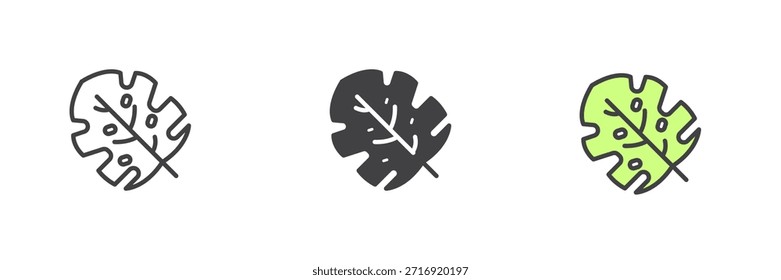 Grande ícono de hoja de monstera tropical en línea, estilo colorido de contorno sólido y relleno. Icono de la hoja dos veces como signo de Vector, símbolo, paquete de naturaleza de color.