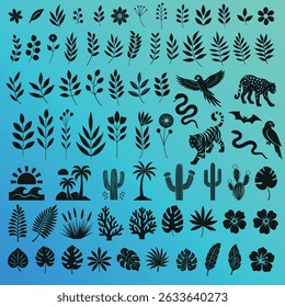 Large tropical-themed vector set with vibrant flowers, lush leaves, exotic branches, and wild animals. Perfect for summer designs, jungle scenes, invitations, and nature-inspired branding.