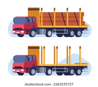 Large truck for hauling wood from sawmill. Wooden logs transportation. Industrial vehicle. Lorry van. Forestry heavy automobile. Construction car. Lumber auto shipping