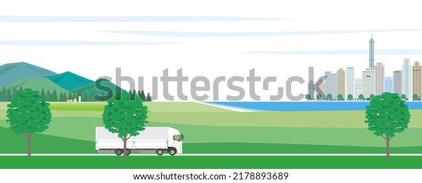 A large truck moving from the suburbs to the\
city. Illustration