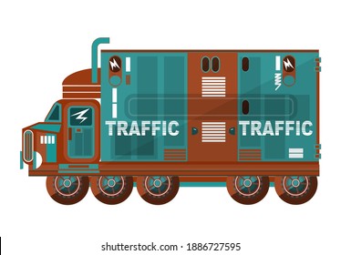 Large truck on a white background. The inscription on the body - Traffic. Stylized image. Flat. Vector illustration