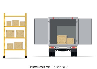 large truck open with boxes for delivering mail and goods from the warehouse