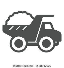 Large truck with sand solid icon, construction site concept. Vector graphics. Truck vehicle transport sign on white background, glyph style icon for mobile or web design