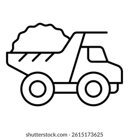 Large truck with sand thin line icon, construction site concept. Vector graphics. Truck vehicle transport sign on white background, style mobile or design