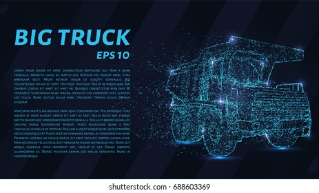 A large truck that consists of points. Particles in the form of a truck on a dark background. Vector illustration. Graphic concept of a large truck.