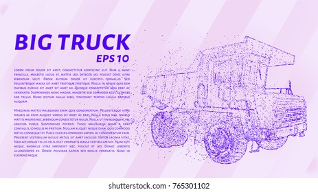 A large truck that consists of points. Particles in the form of a truck on a dark background. Vector illustration. Graphic concept of a large truck.