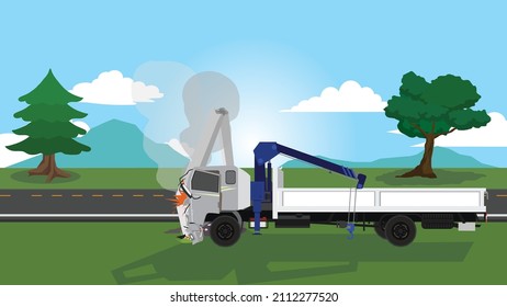 Large trucks with cranes for lifting. There was an accident that hit a light pole on the side of the road. The lamppost was broken into pieces. Car in front was severely damaged. with sparks and smoke