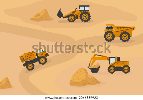 Large trucks load sand on the road. Vector\
cartoon Trucks, sand delivery vehicles. A sandy poster with big\
cars. Vector\
illustration