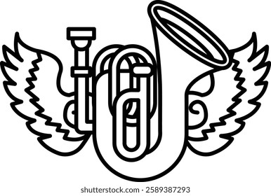 A large trumpet with a small bell is shown with wings