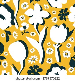 Large tulips on yellow background. Seamless vector pattern.Vintage print with abstract plants. Retro textile collection.